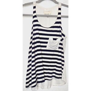Womens Tank Top Small Navy Blue White Striped Scoop High Low Sheer Soft Nautical